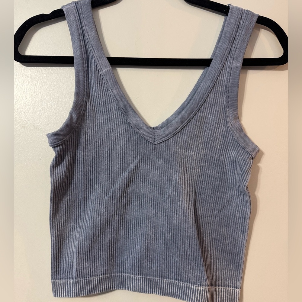 Faded Rose Ribbed Crop Tank Top Gray Stretch V Neck Size Large - Picture 2 of 7